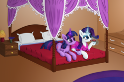 Size: 2500x1656 | Tagged: safe, artist:furor1, derpibooru import, rarity, twilight sparkle, pony, unicorn, bed, bedroom, magic, romance reports