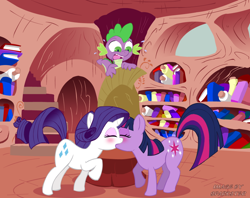 Size: 800x633 | Tagged: source needed, safe, artist:sparkster, derpibooru import, rarity, spike, twilight sparkle, dragon, pony, unicorn, and then spike was a man, blushing, drake, female, golden oaks library, kissing, lesbian, lesbian in front of boys, mare, rarilight, shipping, sweat, voyeurism