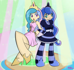 Size: 3000x2846 | Tagged: safe, artist:tamurakitty, princess celestia, princess luna, human, clothes, dress, humanized, panty and stocking with garterbelt, parody, sassy