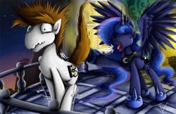 Size: 1200x776 | Tagged: safe, artist:jamescorck, princess luna, oc, oc:sketchy sounds, alicorn, pony, balcony, canterlock, eyes closed, fanfic art, raised hoof, spread wings, surprised, traditional royal canterlot voice