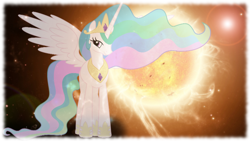 Size: 1600x900 | Tagged: safe, artist:kanadrawsarts, artist:mihaaaa, princess celestia, alicorn, pony, lens flare, solo, space, sun, vector, wallpaper