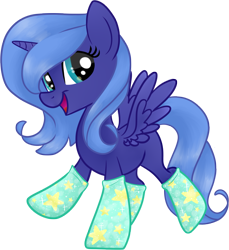 Size: 3983x4340 | Tagged: safe, artist:frostykat13, princess luna, alicorn, pony, absurd resolution, clothes, filly, s1 luna, simple background, smiling, socks, solo, spread wings, woona