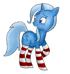 Size: 728x764 | Tagged: safe, artist:lazymort, derpibooru import, trixie, pony, unicorn, blushing, clothes, female, mare, smiling, socks, solo, striped socks