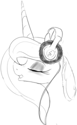 Size: 615x1001 | Tagged: safe, artist:zev, princess luna, alicorn, pony, eyes closed, grayscale, grin, headphones, monochrome, portrait, sketch, solo