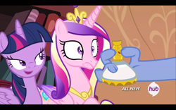 Size: 1680x1050 | Tagged: safe, edit, edited screencap, screencap, discord, princess cadance, twilight sparkle, twilight sparkle (alicorn), alicorn, pony, three's a crowd, blue flu, female, flashback potion, mare, not milk, out of context