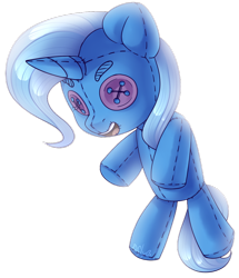 Size: 1024x1190 | Tagged: safe, artist:starlyflygallery, derpibooru import, trixie, pony, unicorn, button eyes, female, mare, open mouth, plushie, simple background, smiling, solo, transparent background