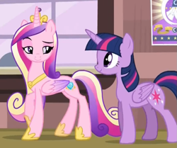 Size: 753x629 | Tagged: safe, screencap, princess cadance, twilight sparkle, twilight sparkle (alicorn), alicorn, pony, three's a crowd, cropped, duo, female, looking back, mare, raised eyebrow, raised hoof, sisters-in-law, smiling, standing