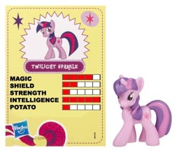 Size: 414x354 | Tagged: safe, derpibooru import, edit, twilight sparkle, blind bag, collector card, irl, photo, potato, toy