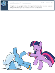 Size: 600x800 | Tagged: safe, artist:dekomaru, derpibooru import, trixie, twilight sparkle, pony, ask, backbend, epic wife tossing, faceplant, fail, female, lesbian, shipping, tumblr, tumblr:ask twixie, twixie