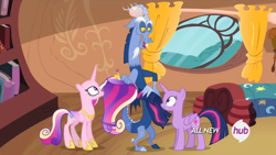 Size: 1440x810 | Tagged: safe, screencap, discord, princess cadance, twilight sparkle, twilight sparkle (alicorn), alicorn, pony, three's a crowd, bald, blue flu, female, hub logo, mare