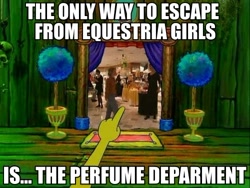 Size: 500x375 | Tagged: safe, equestria girls, barely pony related, equestria girls drama, image macro, perfume department, shanghaied, spongebob squarepants