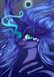 Size: 1364x1929 | Tagged: safe, artist:risterdus, princess luna, alicorn, pony, crying, eclipse, floppy ears, fluffy, glowing eyes, looking up, open mouth, portrait, s1 luna, solo, transformation, wide eyes