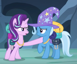 Size: 508x422 | Tagged: safe, derpibooru import, screencap, starlight glimmer, trixie, pony, to where and back again, cropped, saddle bag, trixie's hat