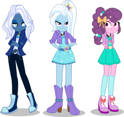 Size: 7000x6594 | Tagged: safe, artist:limedazzle, derpibooru import, adagio dazzle, aria blaze, night glider, sonata dusk, sugar belle, trixie, equestria girls, absurd resolution, alternate universe, clothes, clothes swap, dress, equestria girls-ified, evil grin, grin, shoes, simple background, smiling, sneakers, the dazzlings, transparent background, trio