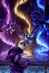 Size: 1000x1500 | Tagged: safe, artist:assasinmonkey, princess cadance, princess celestia, princess luna, twilight sparkle, twilight sparkle (alicorn), alicorn, pony, twilight's kingdom, alicorn tetrarchy, aurora borealis, aurora crystialis, bipedal leaning, female, floppy ears, fluffy, looking up, mare, messy mane, scene interpretation, smiling, spread wings