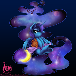 Size: 3000x3000 | Tagged: safe, artist:thenornonthego, princess luna, alicorn, pony, blanket, moon, solo, teddy bear