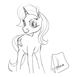 Size: 1024x1024 | Tagged: safe, artist:archonix, derpibooru import, trixie, pony, unicorn, female, grayscale, looking at you, mare, monochrome, simple background, sketch, smiling, smirk, solo, white background