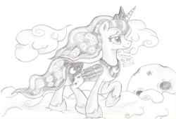 Size: 1024x695 | Tagged: safe, artist:inurantchan, princess luna, alicorn, pony, monochrome, solo, traditional art