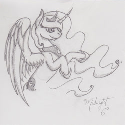 Size: 750x750 | Tagged: safe, artist:midnightsix3, princess luna, alicorn, pony, bipedal, flailing, lunadoodle, monochrome, sketch, smiling, solo, traditional art