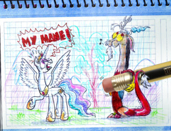 Size: 1156x888 | Tagged: safe, artist:seriousdog, discord, princess celestia, alicorn, pony, bald, discord being discord, fourth wall, pencil, pencil drawing, photo, this will end in petrification, traditional art, whistling