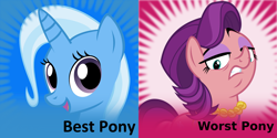 Size: 2048x1024 | Tagged: safe, derpibooru import, spoiled rich, trixie, pony, unicorn, best pony, derpibooru, female, mare, meta, spoiler image, spoilered image joke, worst pony