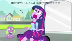 Size: 795x449 | Tagged: safe, edit, edited screencap, screencap, spike, twilight sparkle, dog, equestria girls, equestria girls (movie), bat credit card, batman and robin, duo, nostalgia critic, spike the dog, twiscream, uvula