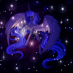 Size: 5000x5000 | Tagged: safe, artist:dalagar, princess luna, alicorn, pony, absurd resolution, female, glow, looking at something, mare, solo, space, spread wings, wings