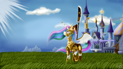 Size: 3840x2160 | Tagged: safe, artist:bronyjunk, princess celestia, alicorn, pony, armor, canterlot, guandao, halberd, solo, spear, weapon