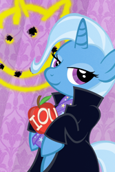 Size: 668x1000 | Tagged: safe, artist:pixelkitties, derpibooru import, trixie, apple, bbc sherlock, clothes, coat, sherlock holmes