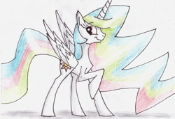 Size: 2487x1700 | Tagged: safe, artist:crestfallencelestia, princess celestia, alicorn, pony, female, horn, mare, multicolored mane, solo, traditional art, white coat