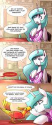 Size: 1000x2400 | Tagged: safe, artist:romanrazor, philomena, princess celestia, alicorn, phoenix, pony, baby talk, bathrobe, blue-mane celestia, cereal, clothes, comic, cute, cutelestia, derp, female, frosted flakes, good morning celestia, hilarious in hindsight, kissy face, kitchen, mare, momlestia, open mouth, robe, stove, table, tumblr