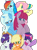 Size: 756x1020 | Tagged: safe, artist:bezziie, artist:emeraldjeweltm, artist:jirousan, derpibooru import, applejack, fluttershy, pinkie pie, rainbow dash, rarity, trixie, twilight sparkle, earth pony, pegasus, pony, unicorn, alternate mane seven, alternate universe, base used, female, mane six, mare, pinkamena diane pie