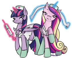 Size: 1434x1152 | Tagged: safe, artist:maexis, princess cadance, twilight sparkle, twilight sparkle (alicorn), alicorn, pony, bedroom eyes, clothes, female, levitation, magic, mare, nurse, syringe, telekinesis