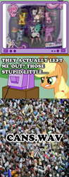 Size: 564x1435 | Tagged: safe, applejack, fluttershy, pinkie pie, princess celestia, rainbow dash, rarity, twilight sparkle, twilight sparkle (alicorn), alicorn, earth pony, pegasus, pony, unicorn, angry, brushable, cans.wav, equestria daily, exploitable meme, female, gothic pony set, mare, meme, obligatory pony, ponymania, rage, serious business, the man they call ghost, toy, toys r us, true capitalist radio, tv meme