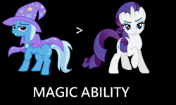 Size: 2164x1300 | Tagged: safe, derpibooru import, rarity, trixie, pony, unicorn, black background, cape, clothes, comparison, frown, glare, grin, gritted teeth, hat, lidded eyes, looking at you, raised eyebrow, raised hoof, raised leg, simple background, smiling, smirk, text, trixie's cape, trixie's hat