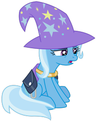 Size: 3075x3846 | Tagged: safe, artist:sketchmcreations, derpibooru import, trixie, pony, unicorn, to where and back again, annoyed, female, mare, open mouth, saddle bag, simple background, sitting, solo, transparent background, trixie's hat, vector