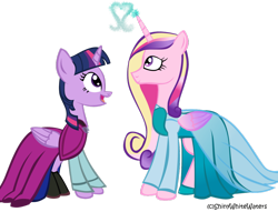 Size: 1022x781 | Tagged: safe, artist:sketch-shepherd, princess cadance, twilight sparkle, twilight sparkle (alicorn), alicorn, pony, anna, clothes, cosplay, dress, elsa, female, frozen (movie), mare