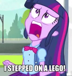 Size: 716x758 | Tagged: safe, edit, edited screencap, screencap, twilight sparkle, equestria girls, equestria girls (movie), caption, cropped, exploitable meme, lego, ouch, solo, stepping on a lego, twiscream