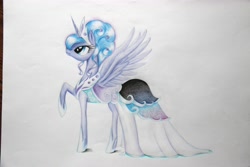 Size: 5184x3456 | Tagged: safe, artist:ablm, princess luna, alicorn, pony, absurd resolution, alternate hairstyle, clothes, dress, raised hoof, solo, spread wings, traditional art