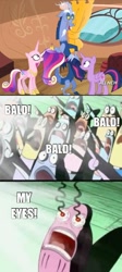 Size: 782x1740 | Tagged: safe, discord, princess cadance, twilight sparkle, twilight sparkle (alicorn), alicorn, pony, three's a crowd, bald, blue flu, caption, comic, female, image macro, mane swap, mare, spongebob squarepants, the spongebob squarepants movie, wat