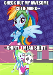 Size: 374x527 | Tagged: safe, rainbow dash, equestria girls, equestria girls (movie), awesome cutie mark, exploitable meme, football, image macro, meme, sports