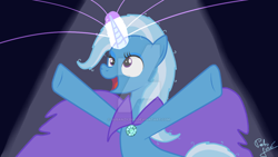 Size: 1024x576 | Tagged: safe, artist:susanzx2000, derpibooru import, trixie, pony, unicorn, female, magic, mare, solo, trixie's cape, watermark