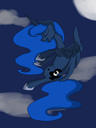 Size: 1200x1600 | Tagged: safe, artist:violetandblaire, princess luna, alicorn, pony, cloud, cloudy, eyes closed, floppy ears, flying, moon, night, solo, stars