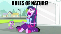 Size: 1366x768 | Tagged: safe, edit, edited screencap, screencap, spike, twilight sparkle, dog, equestria girls, equestria girls (movie), duo, exploitable meme, image macro, meme, metal gear, rules of nature, song, spike the dog, twiscream