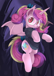 Size: 650x919 | Tagged: safe, artist:ende26, princess cadance, bat pony, pony, bat ponified, changed cutie mark, clothes, fangs, glasses, looking at you, lovebat, race swap, smiling, solo, spread wings, sweater