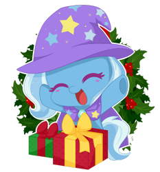 Size: 600x645 | Tagged: safe, artist:exceru-karina, derpibooru import, trixie, pony, unicorn, blushing, chibi, christmas, cute, diatrixes, eyes closed, female, happy, hnnng, holly, mare, open mouth, present, simple background, smiling, solo, transparent background, trixie's hat