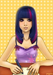 Size: 818x1158 | Tagged: safe, artist:poppeto, derpibooru import, twilight sparkle, humanized, ribbon, spaghetti strap