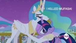 Size: 1280x720 | Tagged: safe, screencap, princess celestia, twilight sparkle, twilight sparkle (alicorn), alicorn, pony, confession, female, hub logo, mare, murderer, the lion king