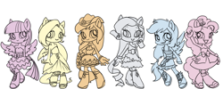 Size: 3000x1200 | Tagged: safe, artist:buzucat, applejack, fluttershy, pinkie pie, rainbow dash, rarity, twilight sparkle, equestria girls, :>, chibi, clothes, cute, dashabetes, diapinkes, dress, jackabetes, limited palette, mane six, no catchlights, pixiv, ponied up, pony ears, raribetes, shyabetes, simple background, twiabetes, white background, winged humanization, wings