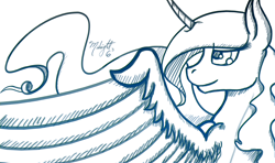 Size: 1250x738 | Tagged: safe, artist:midnightsix3, princess luna, alicorn, pony, looking back, lunadoodle, monochrome, portrait, sketch, smiling, solo, wingboner